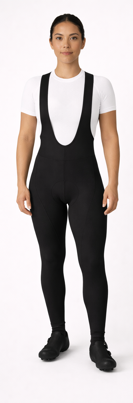 Person wearing black bib overalls from front and back views on a white background