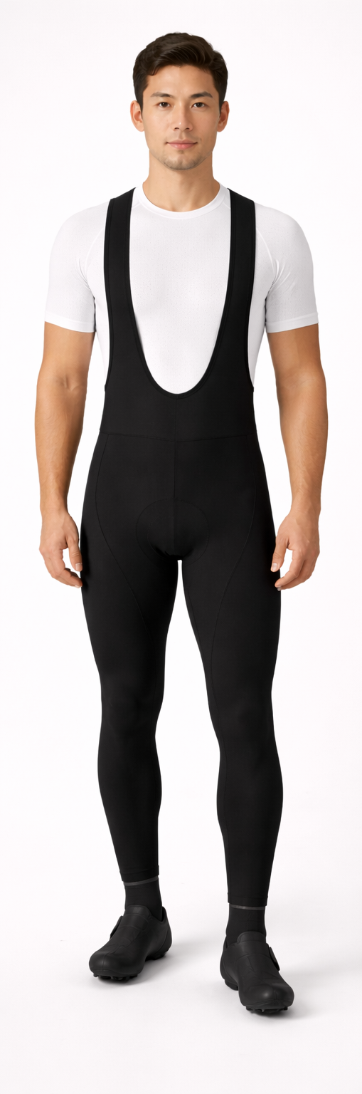 Person wearing a black cycling bib overalls with a white shirt, shown from front and back on a white background.