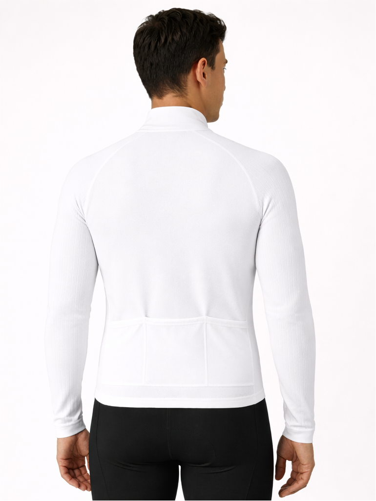 White long-sleeve athletic jacket worn by a person, shown from front and back on a white background.
