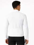 White long-sleeve athletic jacket worn by a person, shown from front and back on a white background.