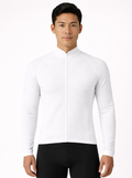 White long-sleeve athletic jacket worn by a person, shown from front and back on a white background.