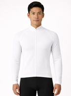 White long-sleeve athletic jacket worn by a person, shown from front and back on a white background.