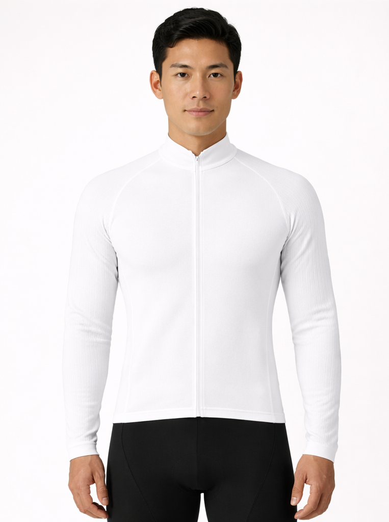 White long-sleeve athletic jacket worn by a person, shown from front and back on a white background.