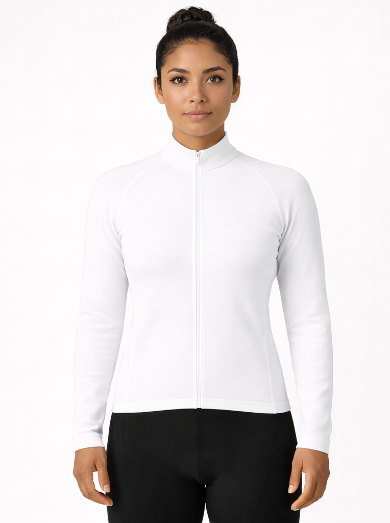 White long-sleeve athletic top worn by a person, shown from front and back on a white background.