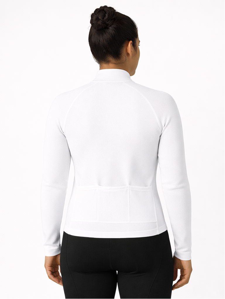 White long-sleeve athletic top worn by a person, shown from front and back on a white background.