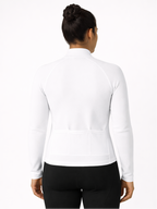 White long-sleeve athletic top worn by a person, shown from front and back on a white background.
