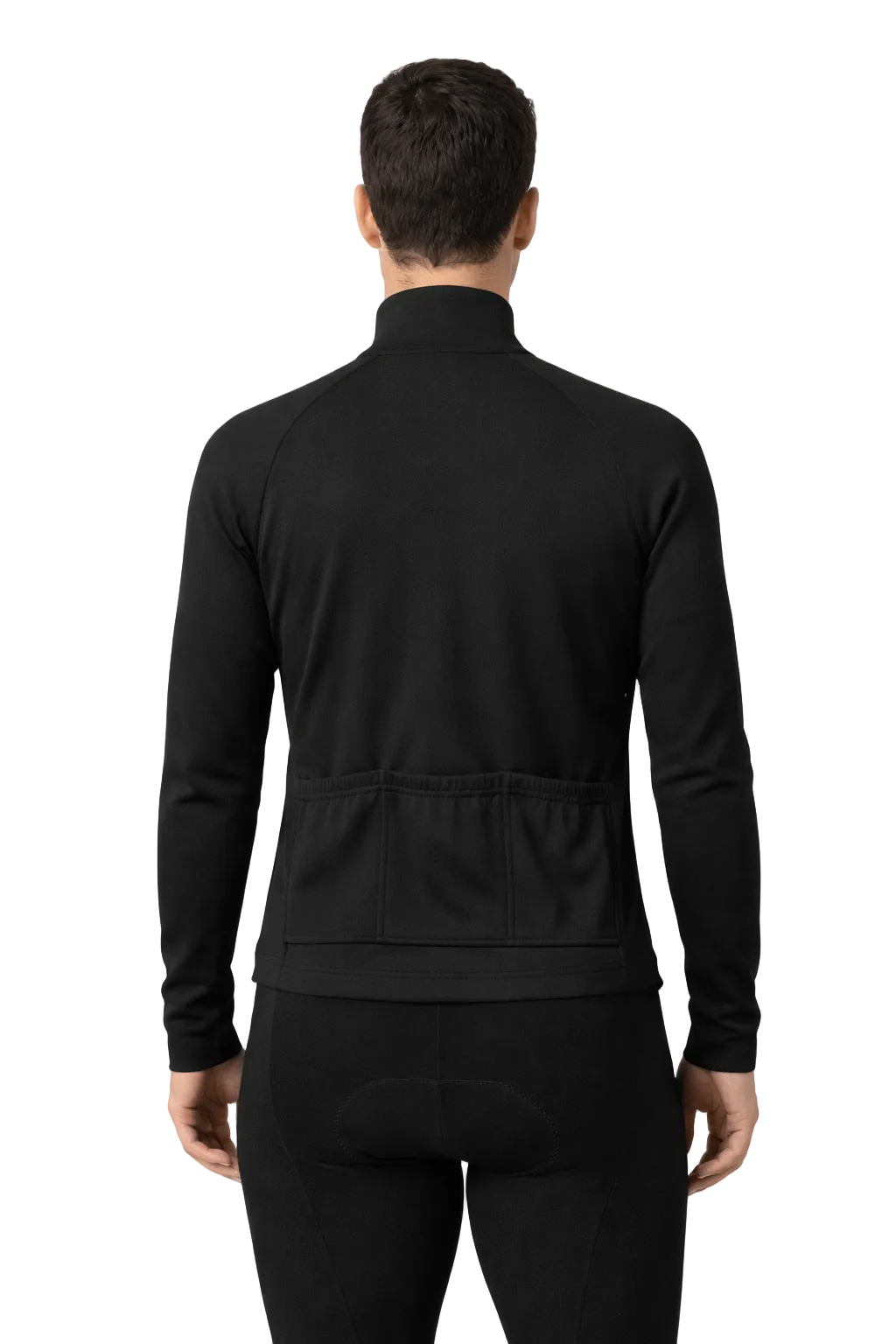 Person wearing a black long-sleeve athletic outfit on a white background