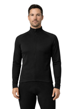 Man wearing a black long-sleeve athletic jacket on a white background