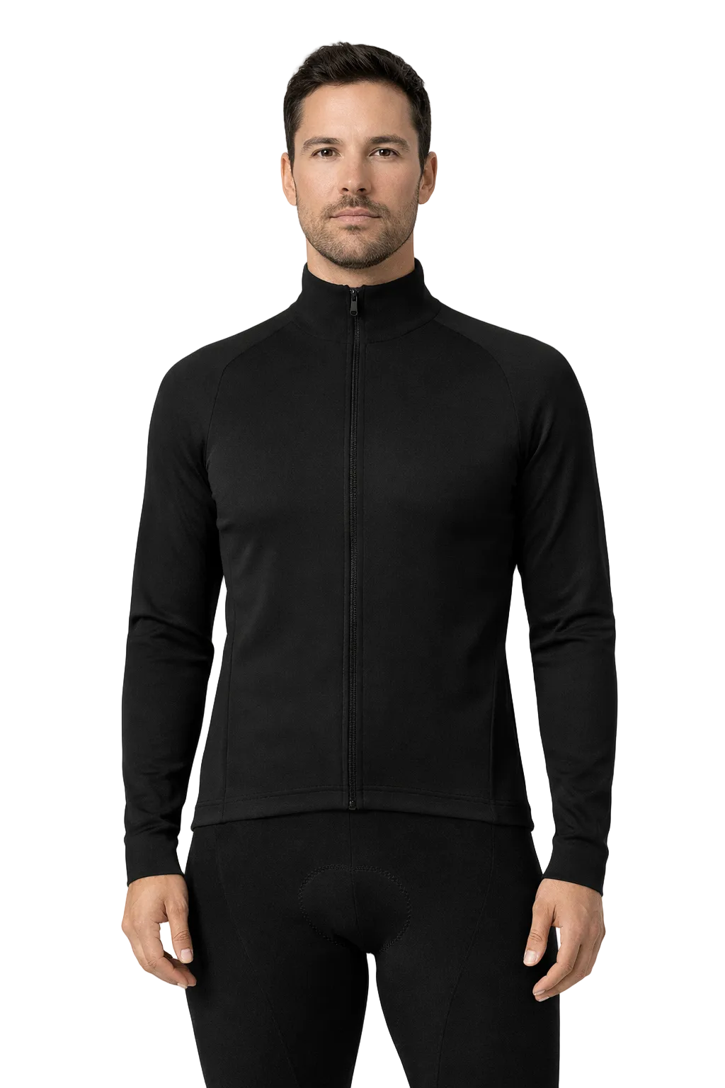 Man wearing a black long-sleeve athletic jacket on a white background