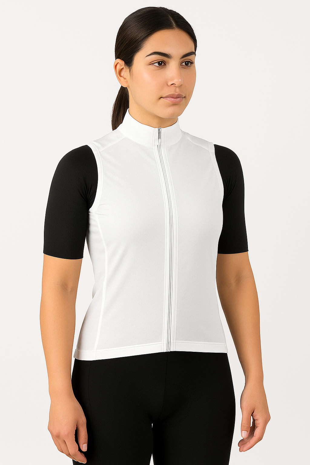 Woman wearing a white cycling vest with black sleeves on a white background