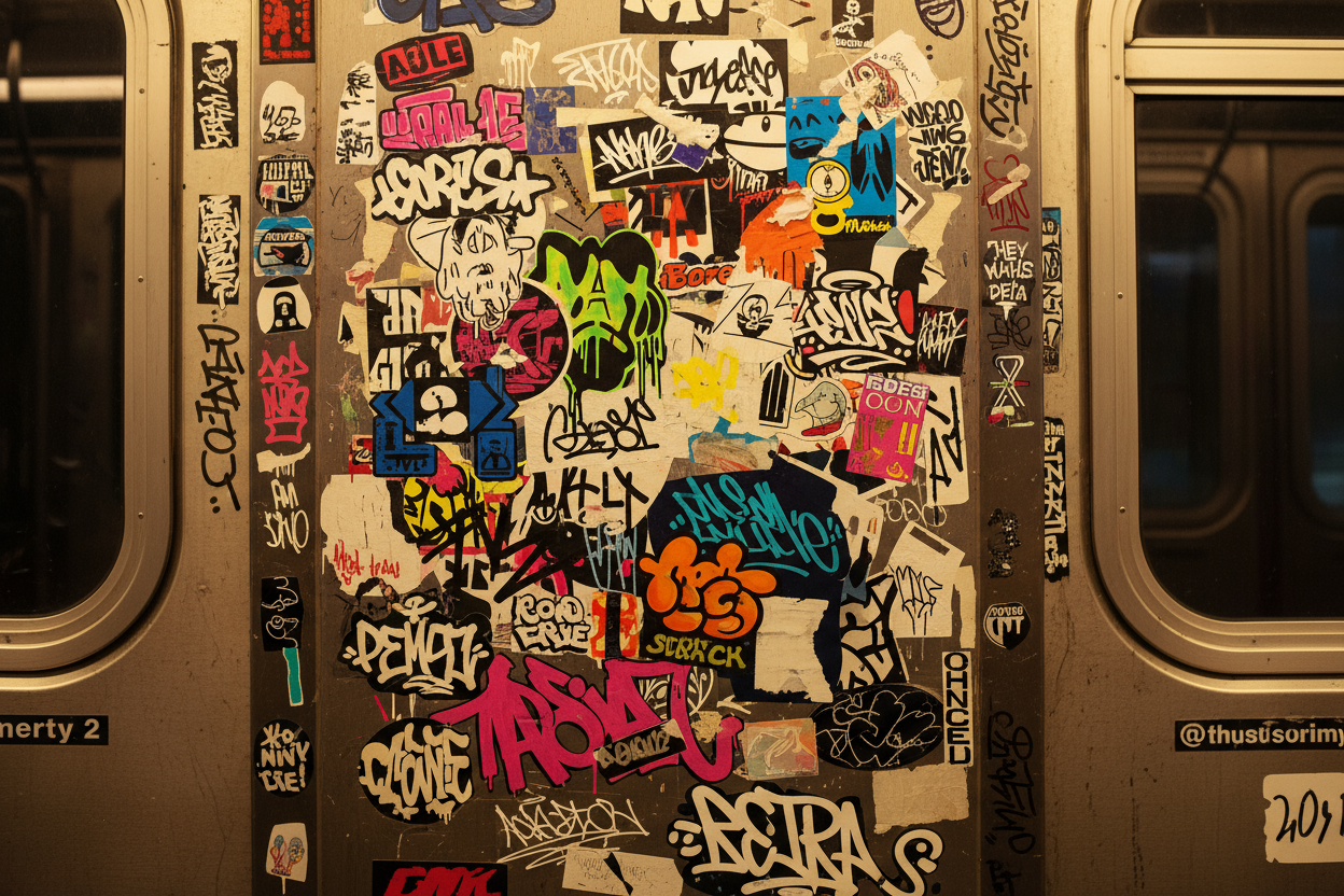 Sticker slap on NYC subway make a collage of various stickers like graffitt tags